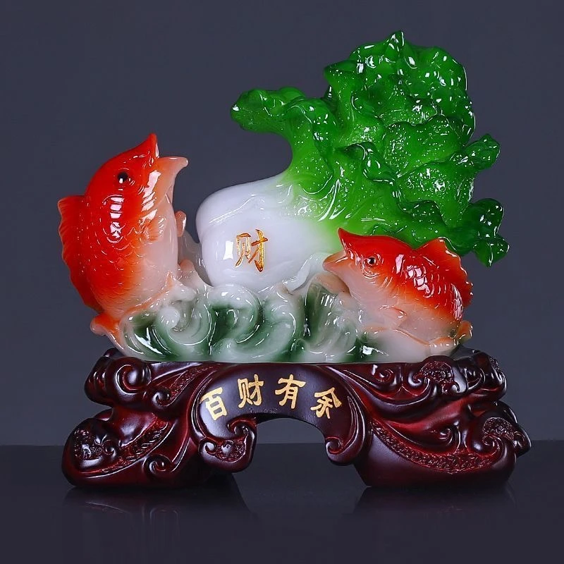 百财有余鲤鱼玉白菜摆件商铺公司开业新居乔迁之喜吉祥物装饰工艺