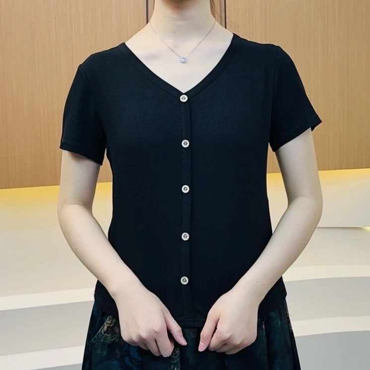 短袖T恤女夏季新款妈妈装V领修身短型上衣短款罗纹薄款高腰小衫女