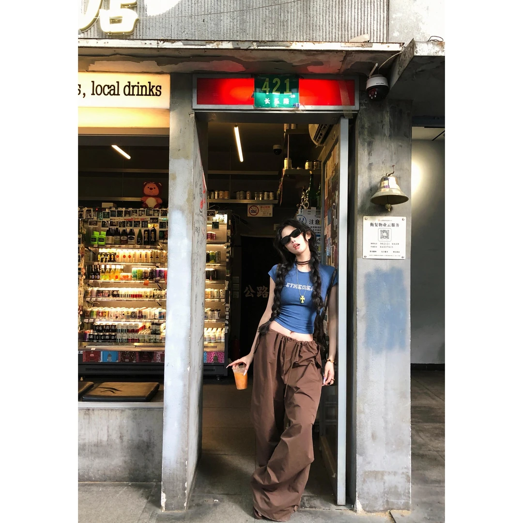 美式辣妹短袖印花T恤显瘦上衣洋气炸街女装复古直筒阔腿工装裤