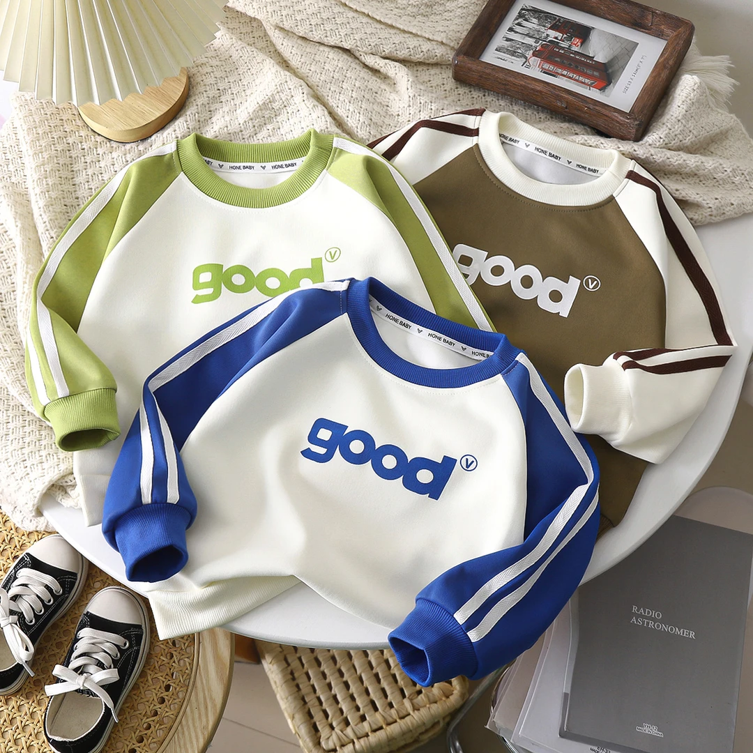 春季字母卫衣休闲韩版男女童帅气假两件中性撞色条纹套头衫中小童