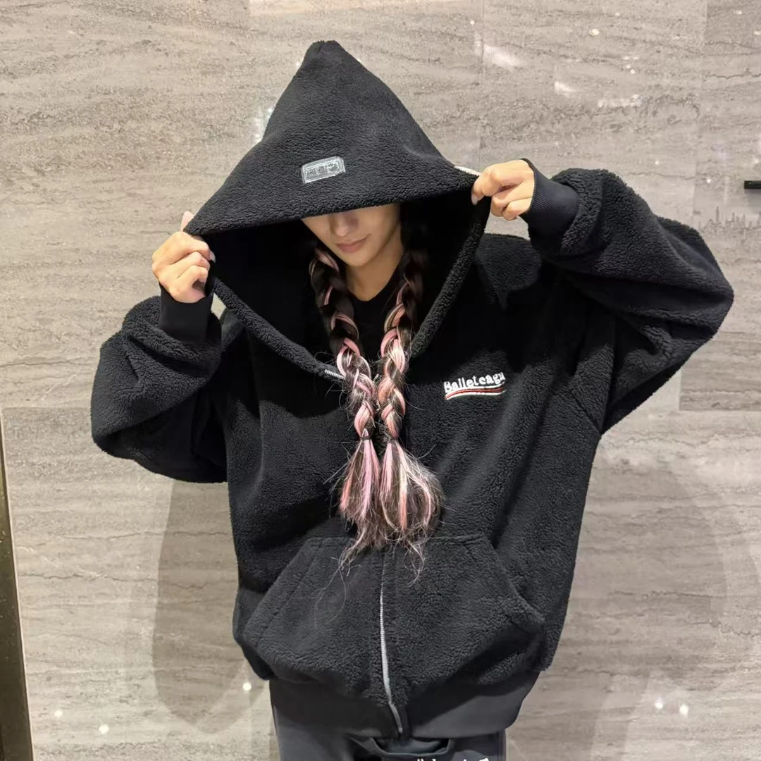 2025秋冬季男女同款连帽长袖黑色羊羔绒开衫上衣连帽刺绣#8675