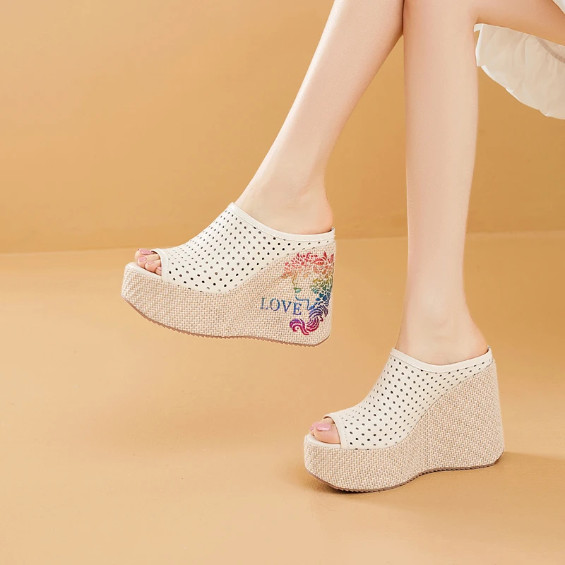 11.5cm百搭高跟坡跟凉拖鞋女鞋外穿真皮厚底拖鞋女款2025新款爆款