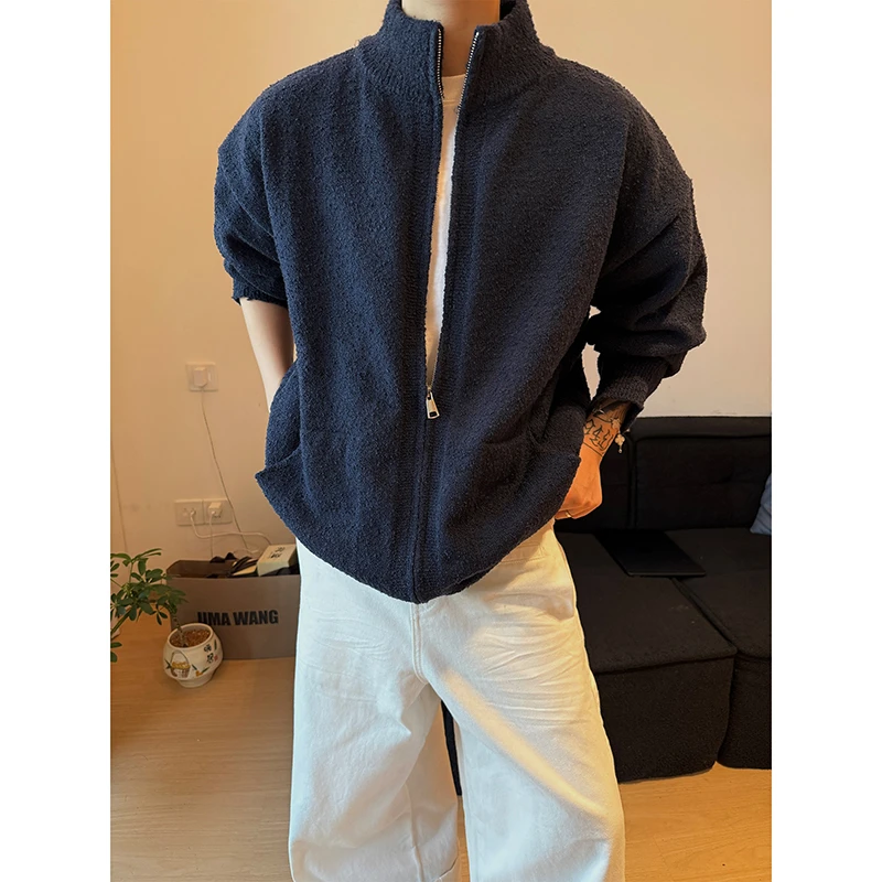 cleanfit毛衣男秋款美式复古双拉棒球服开衫潮牌慵懒风立领外套