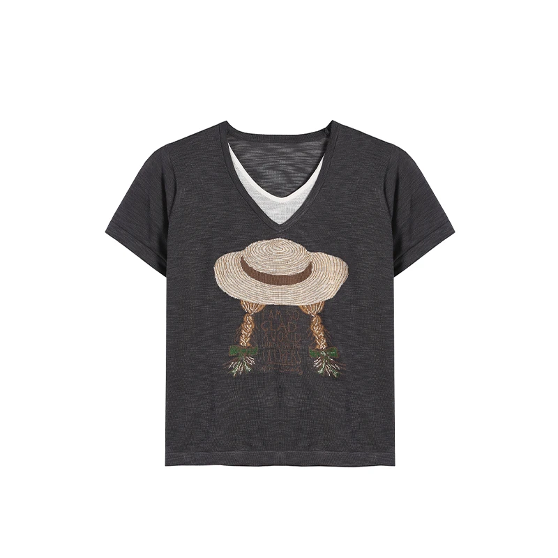 灰色上衣黑色印花ZL106051宽松时尚百搭夏季减龄休闲潮流