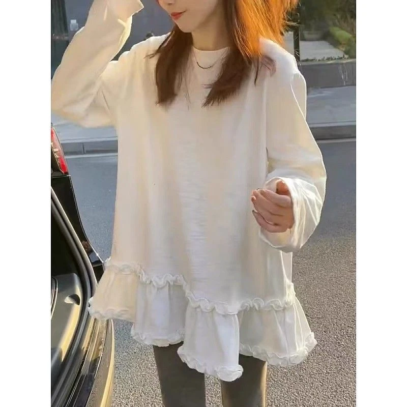 6702#大码韩系长袖t恤女打底衫内搭木耳花边宽松上衣加绒大码女