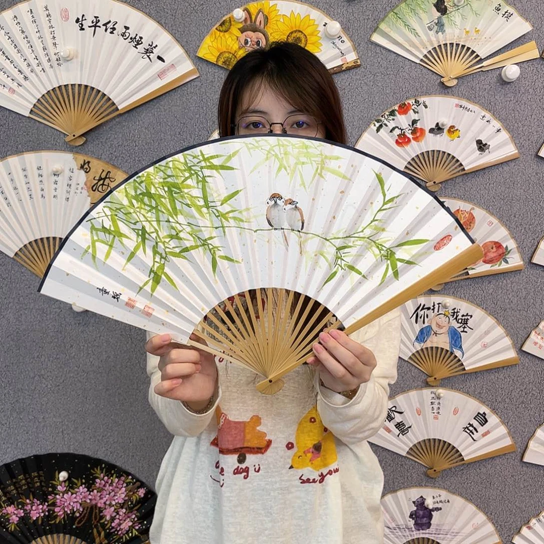 国画95寸玉竹-纯手绘-文玩扇骨（默认粘好）