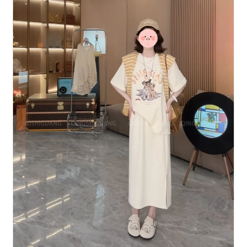 美式慵懒宽松小狗印花短袖T恤披肩百搭高腰半身裙女夏季时尚套装