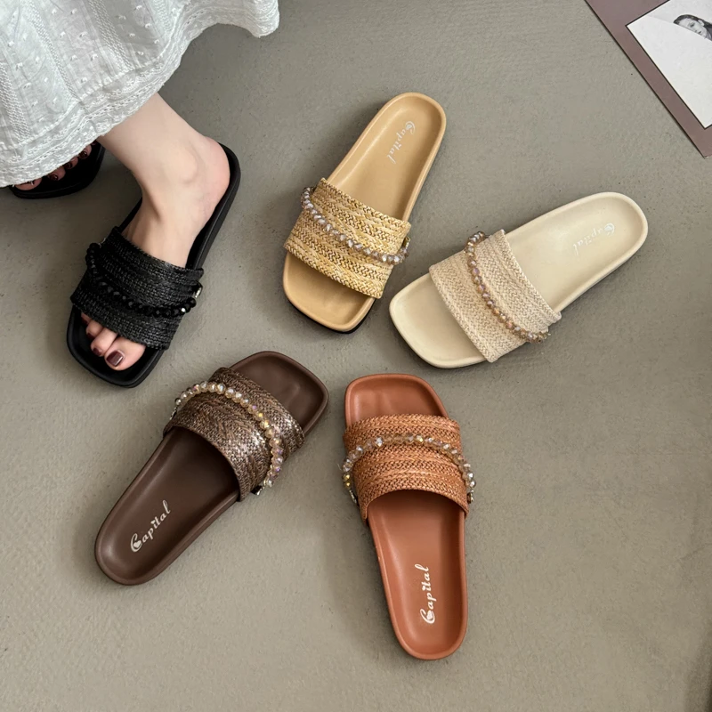 2025夏季新款水钻渔夫鞋一字拖鞋平底闪钻仙女露趾凉拖草编凉拖鞋