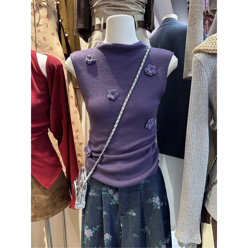 法式小香风立体花朵针织无袖背心女夏季收腰显瘦坎肩褶皱上衣