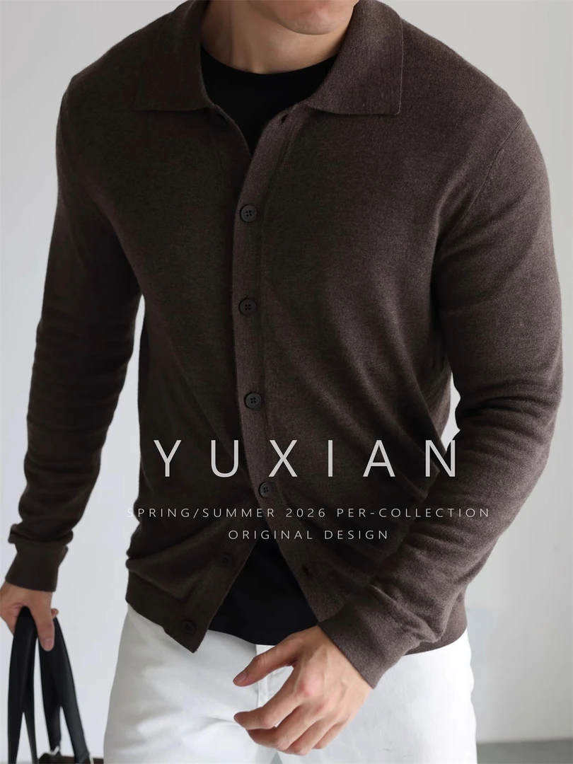 YUXIAN美式薄款羊绒混纺高密14针翻领开衫毛衣长袖休闲商务春男士
