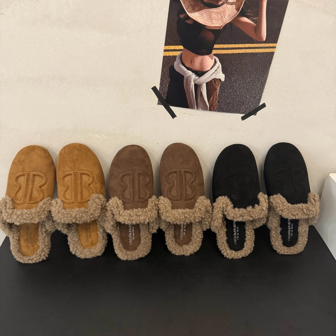 小众风拼色修面皮12欧美风包头拖毛毛鞋网红时尚半拖韩版平底软底