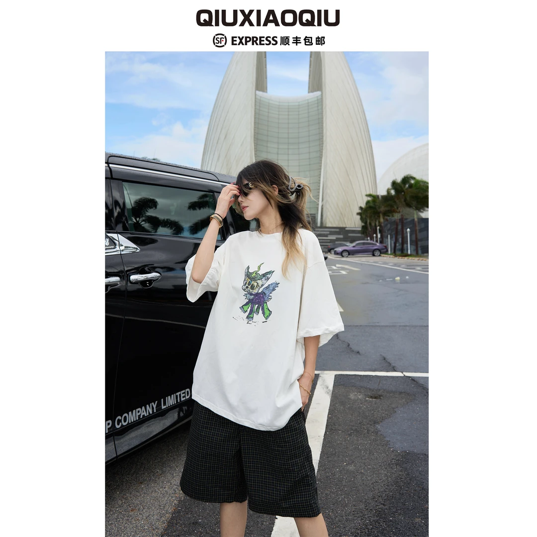 【Qiuxiaoqiu】25ss小怪兽JEFF数码直喷印花宽松短袖T恤男女同款潮