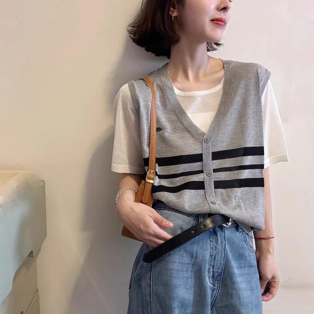【超细醋酸麻】夏季新款假两件单排扣休闲条纹T恤女士短袖薄款上衣