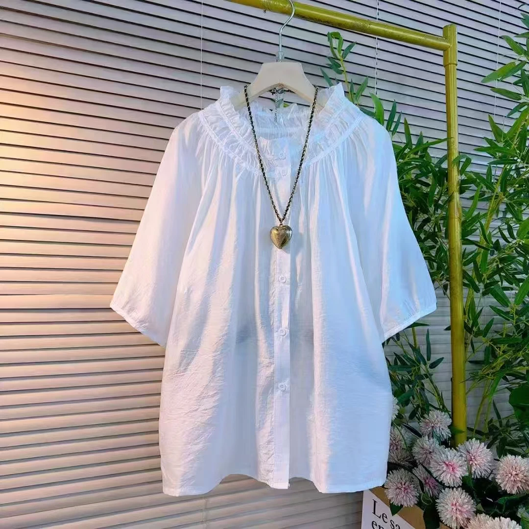 2025春夏新款时尚大码女装宽松显瘦胖妹妹木耳边短袖衬衫打底上衣
