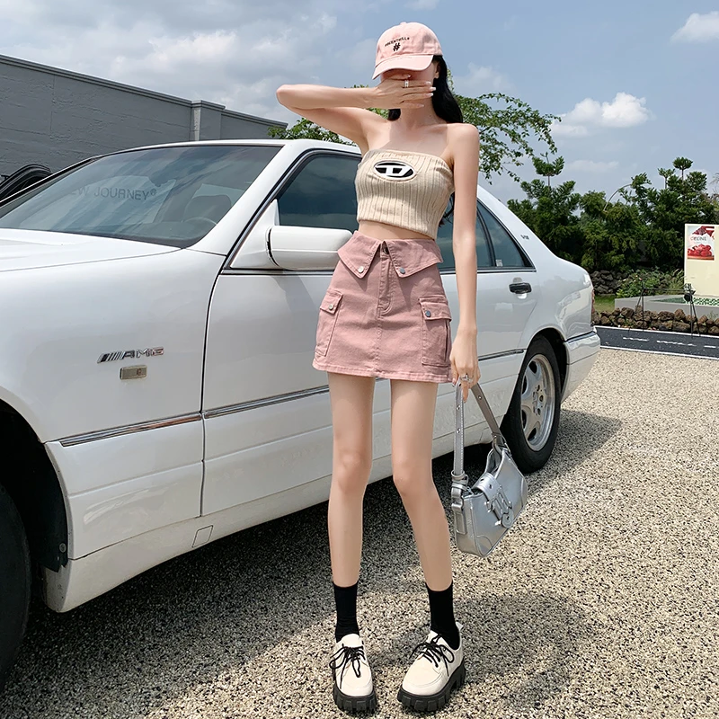 2025秋季&脏粉色牛仔短裙女秋新款特色翻边腰头复古工装口袋裙子