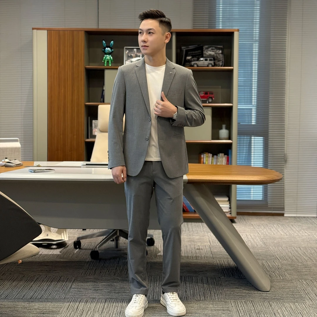T&X/梯形男士春秋新款免熨烫简约商务休闲纯色西装套装（0005）