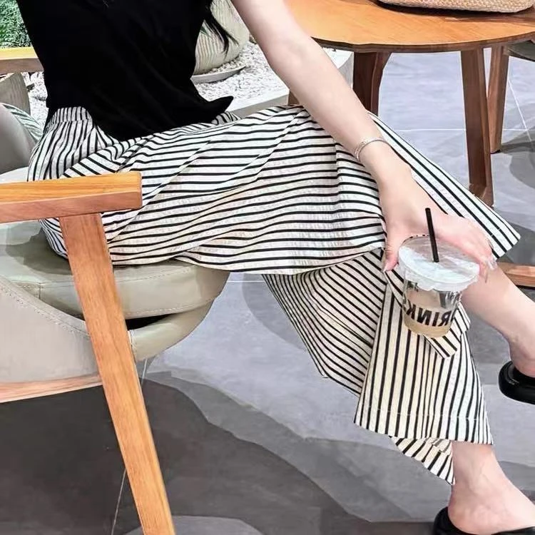 604/0290/125 条纹高腰阔腿裤女宽松显瘦休闲裤垂感长裤