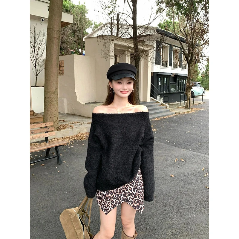 早秋季新款修身显瘦网红穿搭针织毛衣露肩上衣气质时尚收腰半身裙