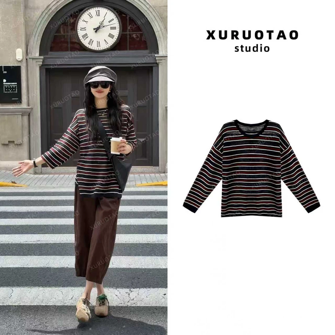 XURUOTAO 【巴黎街头】亚麻莱赛尔镂空设计感显瘦条纹上衣 T5485