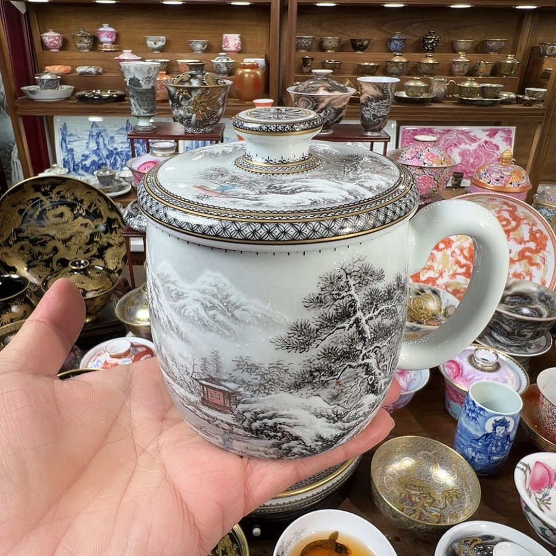 墨彩雪景描金办公杯