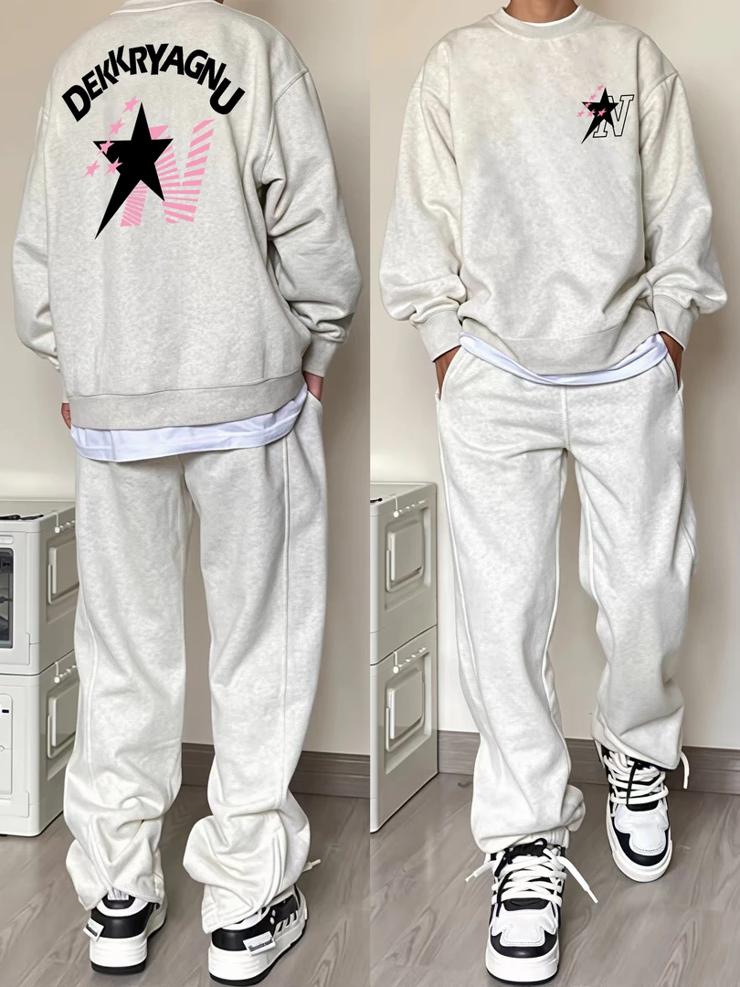 潮牌字母印花圆领卫衣男秋冬痞帅美式复古风百搭重磅加厚长袖上衣