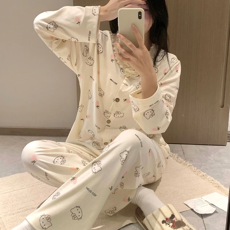 德绒睡衣女带胸垫秋冬季可爱卡通草莓KT长袖开衫套装家居服可外穿