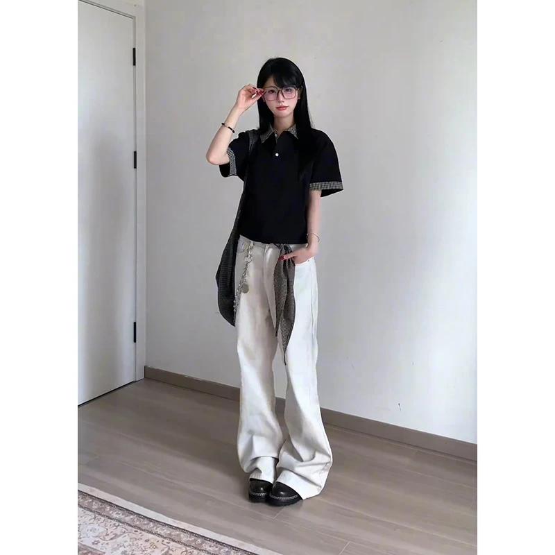 MANUSCRIPT假两件格纹Polo领短袖t恤高智感miu系干练版型上衣男女