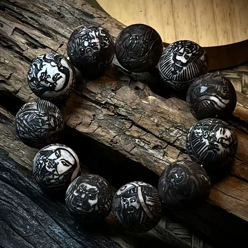 非金属木质手链 鹿角雕三清四御四圣圆珠手串手工道家供20mm珠串