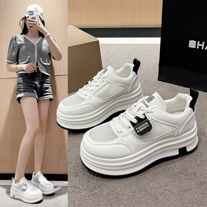 真皮2025夏季新款休闲厚底小白鞋女松糕板鞋小个子小码单鞋网面