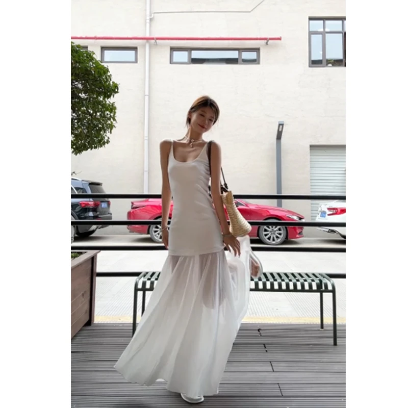 夏季温柔风设计感网纱拼接吊带连衣裙高级感小众气质收腰裙长裙子