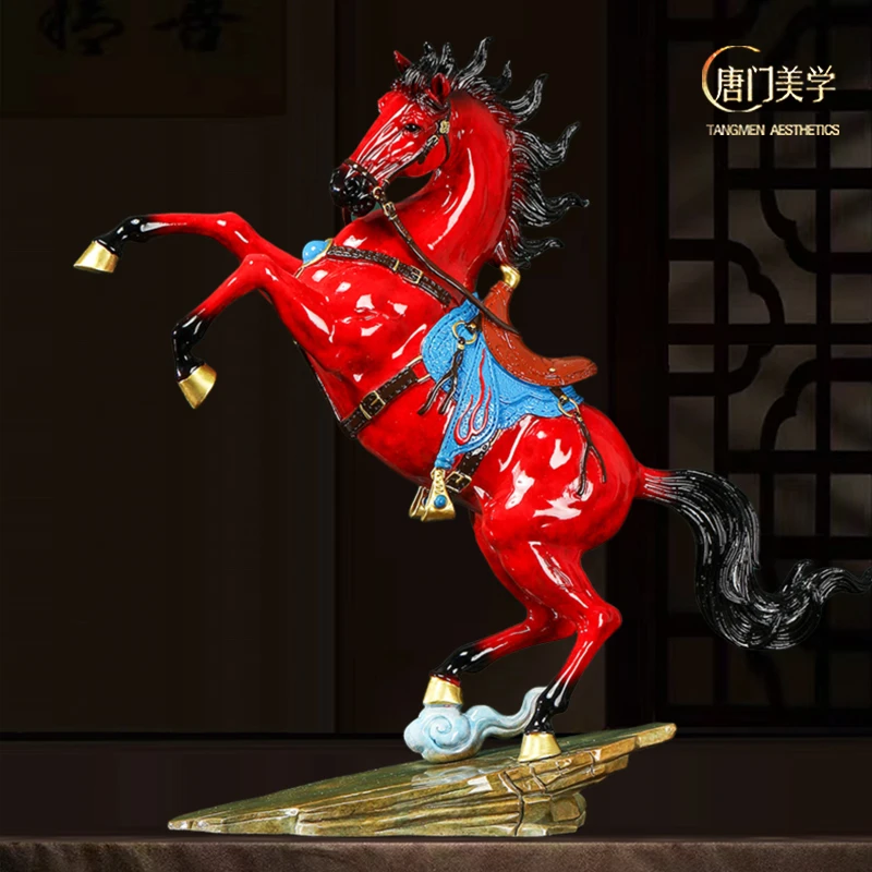 《战马奔腾》红马全铜战马彩铜高档纯手工 办公室客厅架柜子装饰品