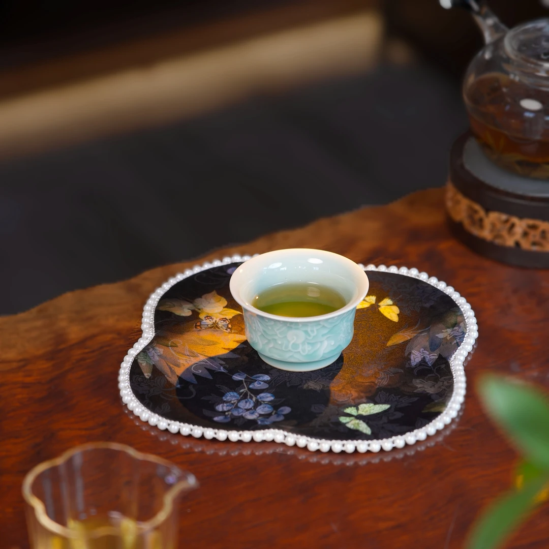 新中式珍珠四叶草茶席国风轻奢织锦防水小茶席禅意茶室隔热垫杯垫