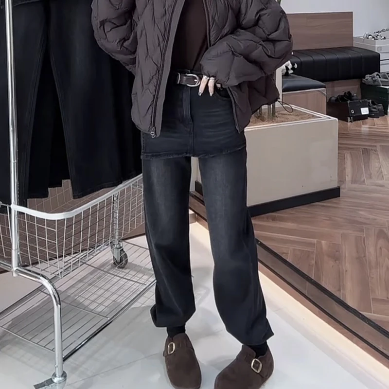 丹宁风裙帘设计直筒窄版牛仔裤女2025秋季新款高腰显瘦做旧阔腿裤