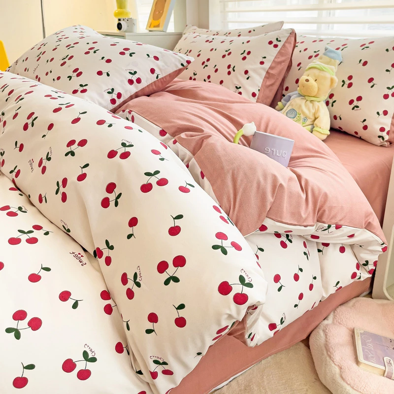樱桃图案床上四件套粉色被子床单枕套三件套可爱少女心