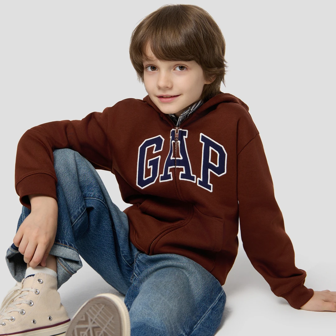 Gap男女童2025秋冬新款贴布绣logo抓绒连帽卫衣儿童装外套804633
