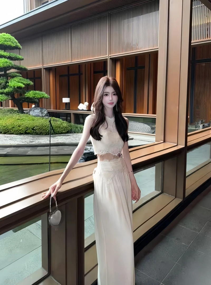 多情夏威夷 夏季新款纯欲风优雅甜美设计感精致睫毛蕾丝上衣+裤子