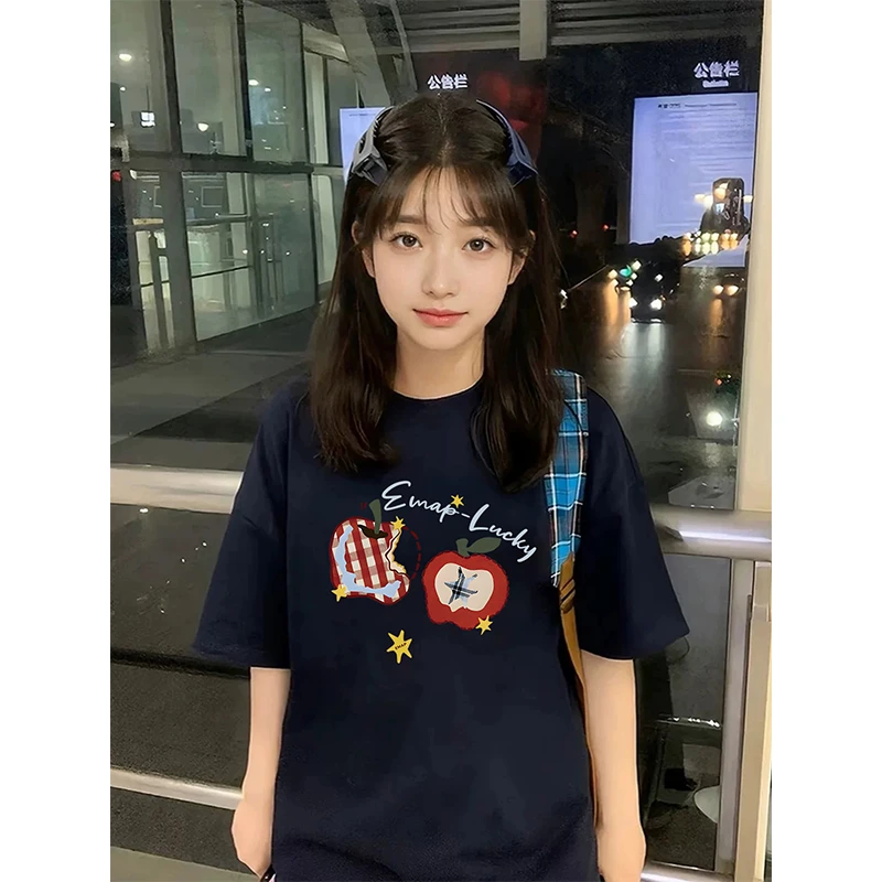 美式藏青色圆领纯棉短袖t恤女2025夏季新款宽松百搭印花半袖上衣