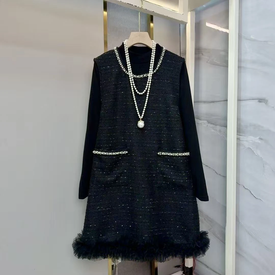 秋冬新款长袖遮肉打底香风马甲套装大码连衣裙显瘦两件套减龄气质