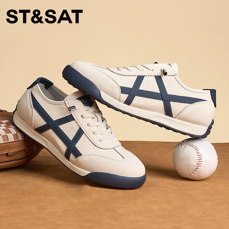 St&Sat/星期六男士德训运动阿甘鞋男2025夏新款牛皮革休闲小白鞋