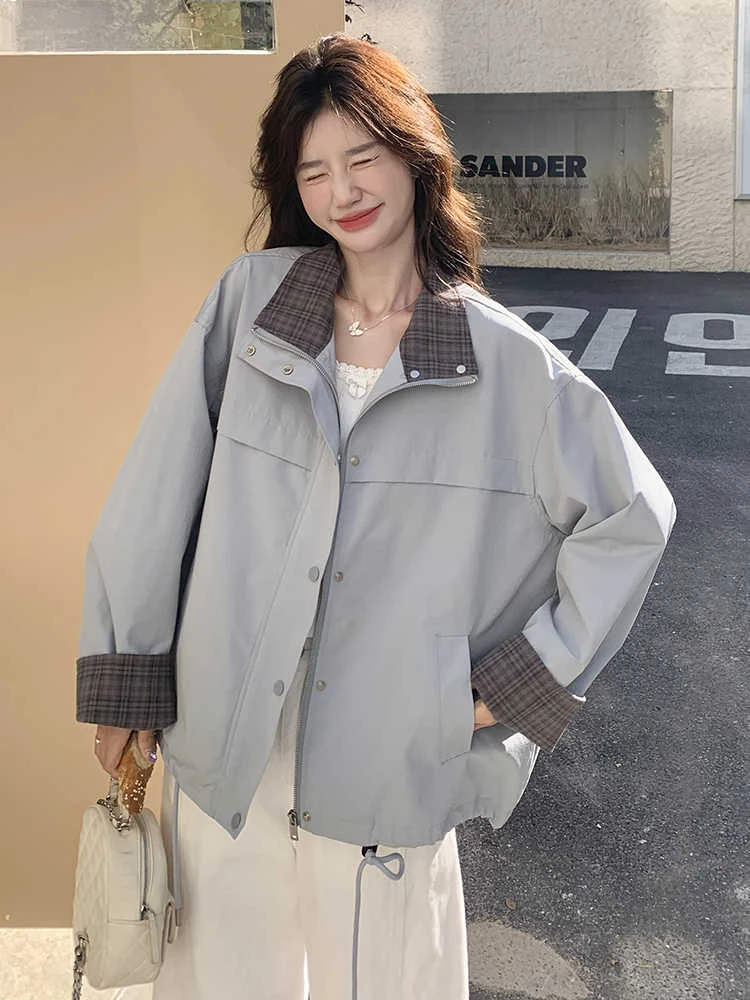 超好看浅蓝色短外套女小个子2025春季新款格子拼接工装立领上衣潮