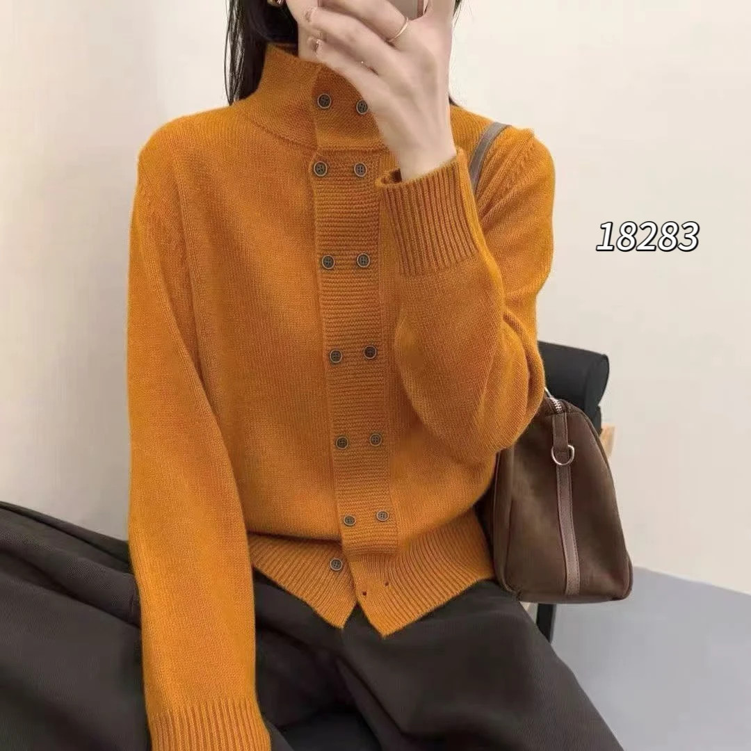 18283（部分无水洗唛介意慎拍）WANGDAN半高领双排扣长袖针织开衫