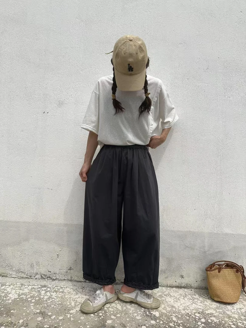 简约宽松大版水洗i棉休闲裤9829百搭复古时尚纯色韩版松紧腰