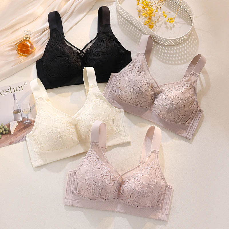 大码mm全罩杯舒适蕾丝无痕大胸显小内衣超薄收副乳调整型文胸罩