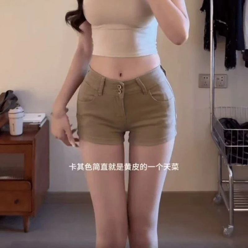 【店铺热销】美式辣妹卡其色弹力高腰牛仔短裤女2025春夏新款休闲