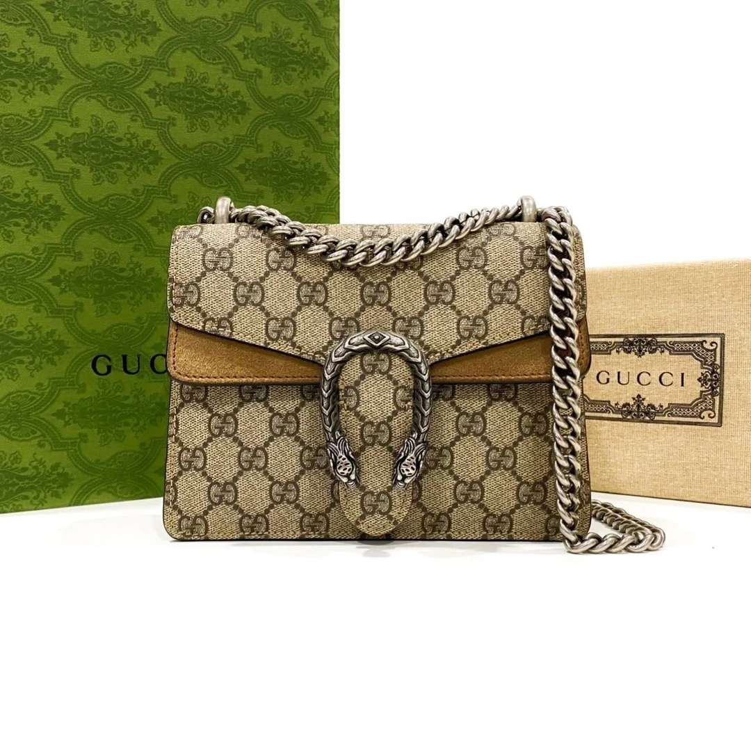 99新 GUCCI/古驰 老花牛皮Dionysus驼色酒神链条包单肩包小号