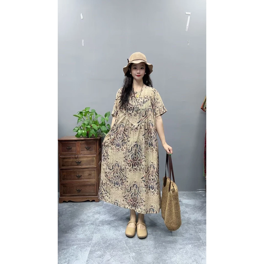 5060夏季新款清凉气质时尚复古遮肚宽松女显瘦百搭圆领休闲连衣裙