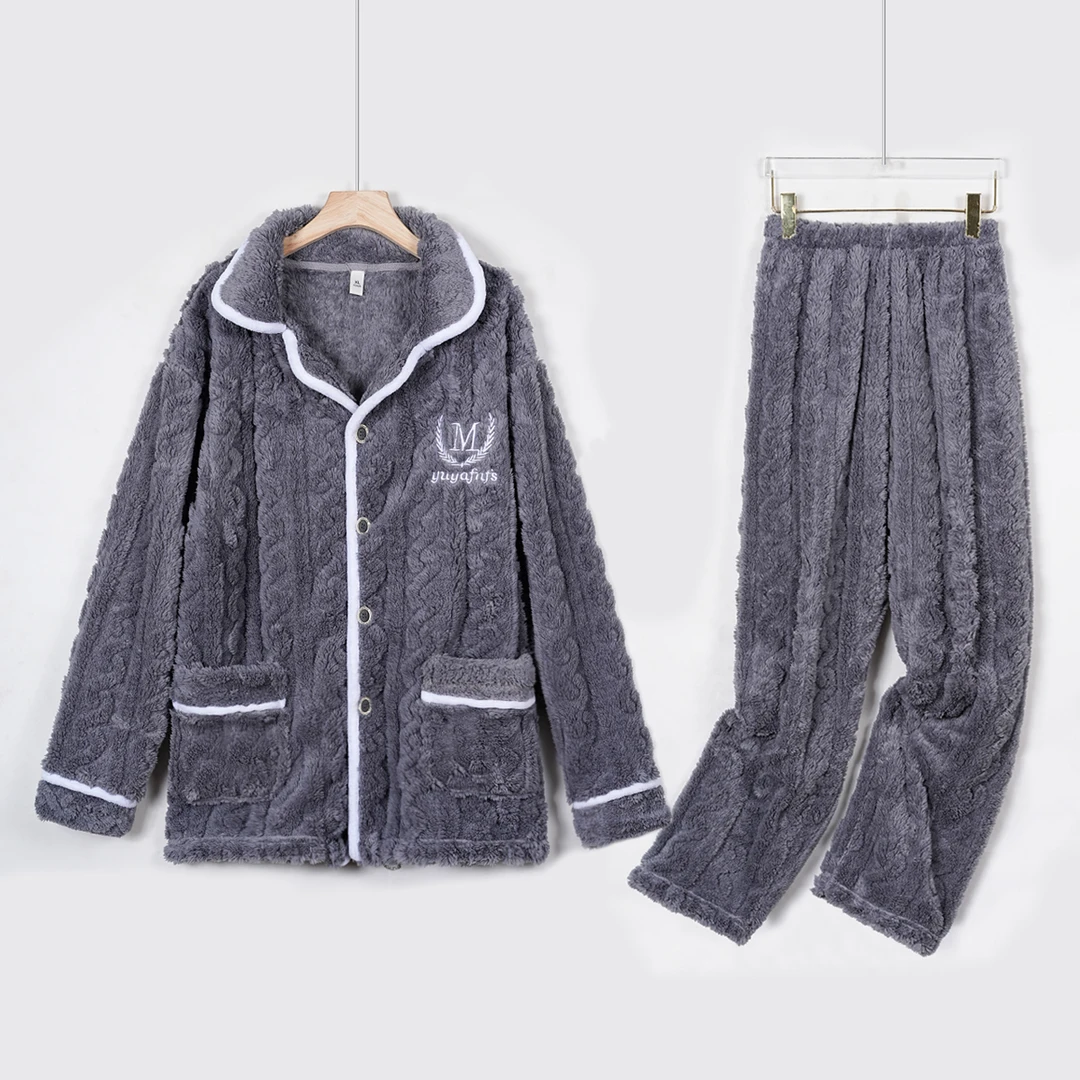 秋冬季大码男士珊瑚绒睡衣加厚加绒保暖珊瑚绒家居服套装可外穿