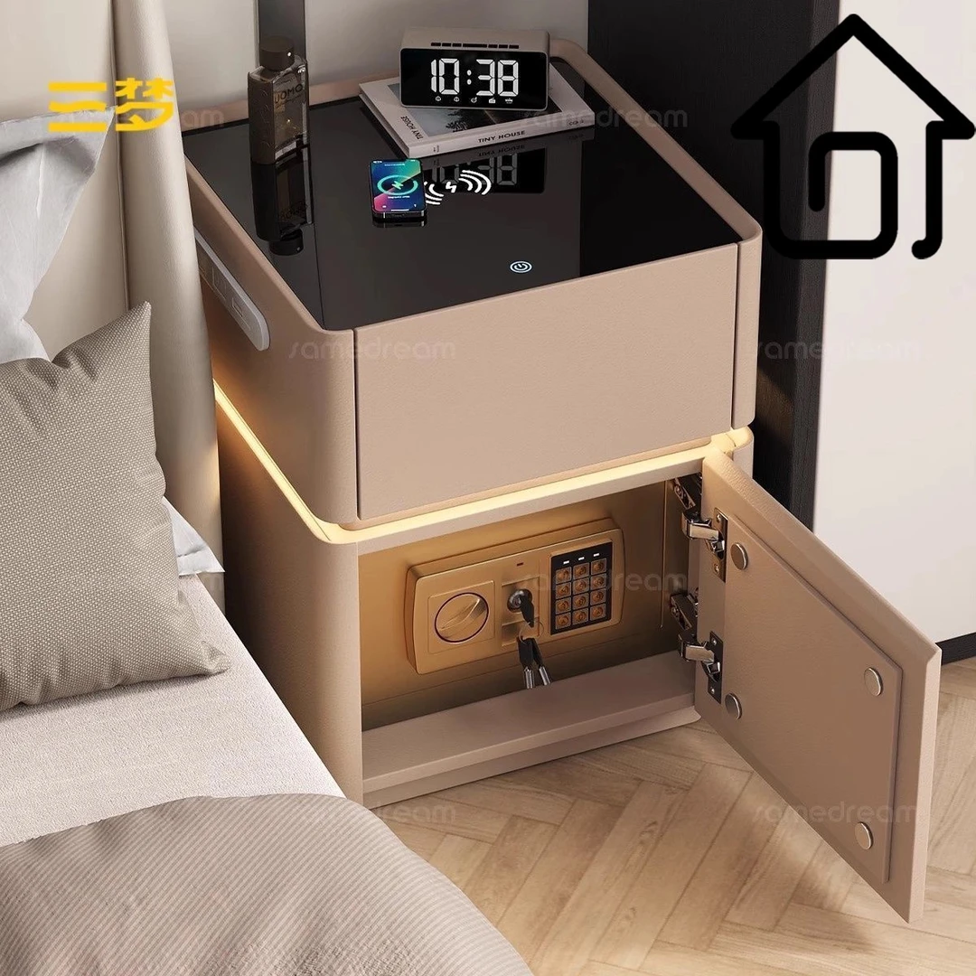 智能实木床头柜保险箱一体高级感多功能2025新款无线床边保险柜子