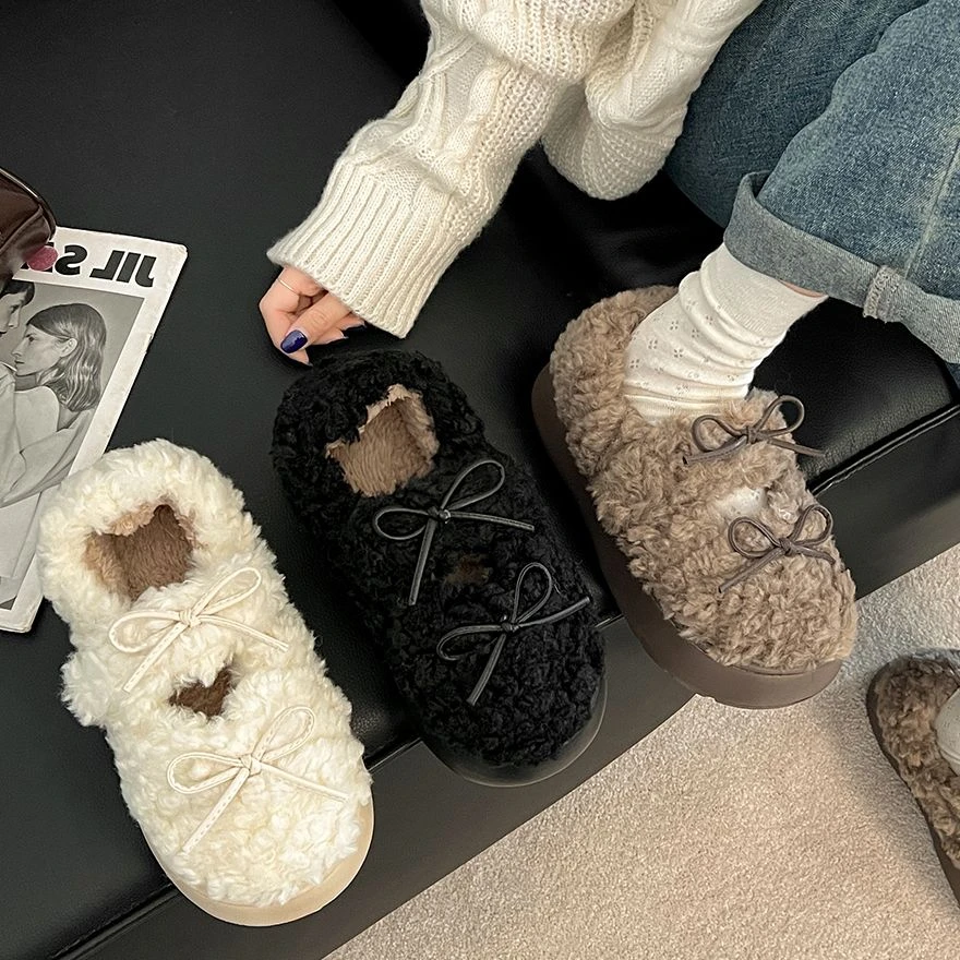 Miu系穿搭~白色一脚蹬厚底毛毛鞋女2025新款秋冬外穿加绒保暖棉鞋