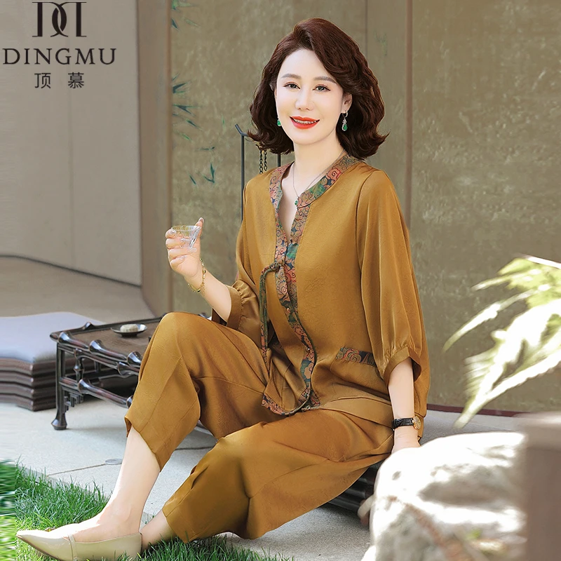 中年妈妈装洋气夏装2025新款休闲套装高贵夫人上衣大码妈妈装夏季